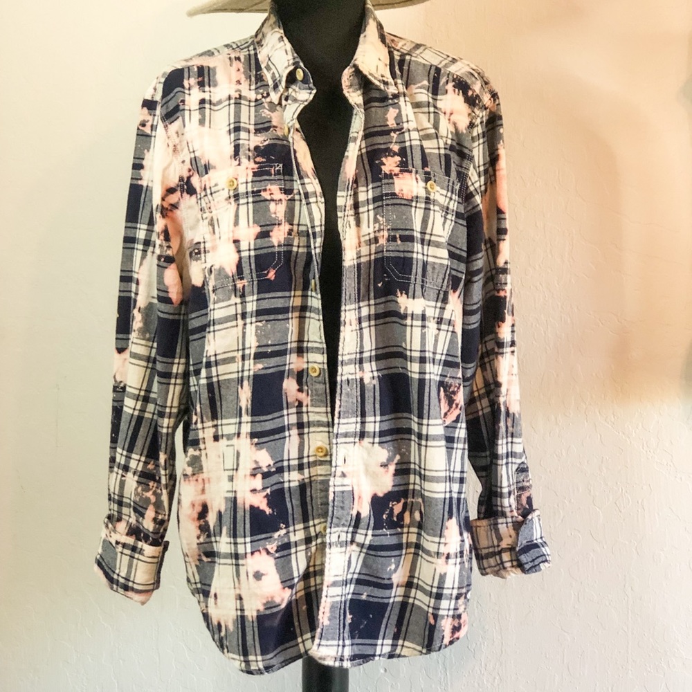 Blue bleached distressed flannel